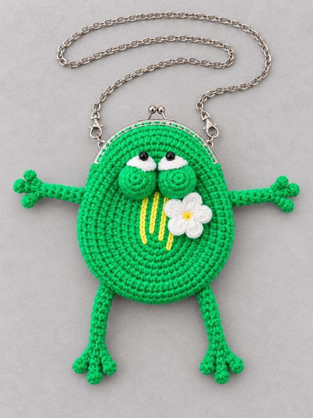 Green Crochet Frog Flower Kiss Lock Chain Strap Crossbody Bag Kids
